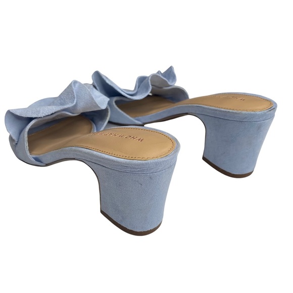 new Who What Wear ꧁ Zadie Ruffled Mule Heels Slide In Sandals ꧂ Blue Vegan Suede - Picture 7 of 16